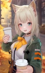 Rule 34 | 1girl, :d, absurdres, animal ears, arknights, autumn, autumn leaves, black bracelet, black choker, black skirt, blush, breasts, building, choker, collared shirt, cup, disposable cup, dog ears, dog girl, drinking straw, green eyes, green jacket, highres, holding, holding cup, incoming drink, infection monitor (arknights), jacket, long hair, long sleeves, neckerchief, open mouth, outdoors, podenco (arknights), shirt, skirt, small breasts, smile, solo, upper body, welt (kinsei koutenkyoku), white shirt, yellow neckerchief