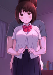 Rule 34 | 1boy, 1girl, :o, black skirt, blush, book, bow, breast pocket, breasts, brown eyes, brown hair, collared shirt, curtains, dress shirt, empty eyes, highres, hiyori hamster, hypnosis, indoors, large breasts, looking at viewer, mind control, original, parted lips, pleated skirt, pocket, red bow, school uniform, shirt, short sleeves, skirt, t-shirt, unbuttoning, undressing, white shirt