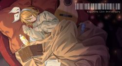Rule 34 | 1girl, anniversary, bandages, bed sheet, birthday, blonde hair, blood, bloody bandages, bottle, bow, cellphone, commentary, couch, earphones, closed eyes, eyes visible through hair, guitar, hair bow, indoors, instrument, juice, kagamine rin, light particles, listening to music, lying, notebook, on couch, on side, paper, pen, pencil, phone, pillow, sleeping, solo, sweater, vocaloid, wounds404