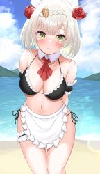 Rule 34 | 1girl, absurdres, apron, arms behind back, ascot, bare shoulders, beach, bikini, braid, breasts, closed mouth, collarbone, commentary, day, detached collar, flower, frilled apron, frilled bikini, frills, genshin impact, green eyes, hair flower, hair ornament, highres, horizon, large breasts, leaning forward, looking at viewer, maid, maid bikini, navel, noelle (genshin impact), ocean, onabe no shime, outdoors, raised eyebrows, red ascot, red flower, red rose, rose, side-tie bikini bottom, solo, standing, swimsuit, thigh gap, unconventional maid, waist apron, water, wavy mouth