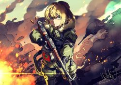 Rule 34 | 1girl, ahoge, artist name, black footwear, black gloves, blonde hair, blue eyes, boots, closed mouth, commentary request, fire, fire, frown, fur-trimmed hood, fur trim, gloves, green jumpsuit, gun, halak0000, highres, holding, holding gun, holding weapon, hood, hood down, hooded jumpsuit, jumpsuit, knee boots, korean commentary, long sleeves, looking at viewer, military, military uniform, outdoors, rifle, shell casing, short hair, signature, smoke, solo, standing, tanya degurechaff, uniform, weapon, youjo senki