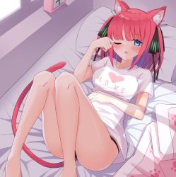 Rule 34 | 1girl, ;o, animal ear fluff, animal ears, bare legs, barefoot, bed, black ribbon, blanket, blue eyes, blush, breasts, cat ears, cat girl, cat tail, clock, clothes writing, commentary request, english text, feet out of frame, go-toubun no hanayome, hair ribbon, hand up, heart, heart print, highres, indoors, kemonomimi mode, knees up, looking at viewer, lying, medium breasts, nakano nino, no pants, on back, on bed, one eye closed, parted lips, pillow, print shirt, profnote, red hair, ribbon, rubbing eyes, shirt, short sleeves, sleepy, solo, tail, two side up, waking up, white shirt