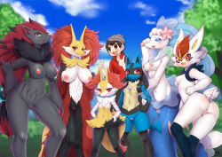 Rule 34 | 1boy, 6+girls, :&lt;, :3, animal ear fluff, animal ears, animal hands, animal nose, anus, artist name, ass, beanie, black fur, black hair, blue eyes, blue fur, blue hair, blue sky, blurry, blurry background, blush, body fur, braixen, breasts, brown eyes, brown hair, cinderace, claws, cleft of venus, closed mouth, cloud, collared shirt, colored skin, creatures (company), day, delphox, fox ears, fox girl, fox tail, from behind, furry, furry female, furry male, furry with non-furry, game freak, gem, gen 4 pokemon, gen 5 pokemon, gen 6 pokemon, gen 7 pokemon, gen 8 pokemon, gluteal fold, grass, grey fur, grey headwear, groin, hair ornament, hand on own face, hand on own hip, hand up, hands on own hips, hands up, happy, harem, hat, height difference, interspecies, knees together feet apart, large breasts, lifted by self, light blush, long hair, looking at another, looking at viewer, looking back, low-tied long hair, lucario, medium breasts, mermaid, monster girl, multicolored hair, multiple girls, navel, nervous, nintendo, nipples, open mouth, outdoors, pearl (gemstone), pokemon, pokemon (creature), pokemon swsh, pokephilia, primarina, pussy, rabbit ears, rabbit girl, rabbit tail, red eyes, red fur, red hair, red shirt, see-through, shirt, short hair, shy, sidelocks, signature, sky, small breasts, smile, snout, spikes, standing, starfish, stomach, swept bangs, tail, teeth, thigh gap, thumbs up, tree, two-tone hair, uncensored, upper body, very long hair, victor (pokemon), wavy mouth, white fur, white skin, wide hips, wolf ears, wolf girl, wolf tail, wolflong, yellow fur, zoroark
