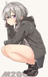 Rule 34 | 1girl, ahoge, blush, character name, closed mouth, from side, full body, girls&#039; frontline, gloves, hood, hood down, hooded jacket, jacket, long sleeves, m200 (girls&#039; frontline), open clothes, open jacket, pleated skirt, ponytail, purple eyes, salpin, shirt, shoes, silver hair, simple background, skirt, sneakers, solo, squatting