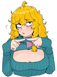 Rule 34 | 1girl, ahoge, alternate eye color, bags under eyes, black eyes, blonde hair, blue sweater, blush, bow, braid, breasts, cleavage cutout, clothing cutout, cookie (touhou), cropped torso, fingers together, flying sweatdrops, hair bow, highres, kirisame marisa, large breasts, long hair, looking at viewer, mars (cookie), meme attire, ohasi, open-chest sweater, open mouth, purple bow, ribbed sweater, side braid, simple background, single braid, sleeves past wrists, solo, sweater, third-party source, touhou, upper body, white background