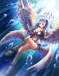 Rule 34 | 1girl, :o, angel, angel wings, armor, bad id, bad pixiv id, blue hair, blush, boobplate, boots, breastplate, breasts, church, cleavage, clothing cutout, collarbone, cross, crystal, dutch angle, elbow gloves, fantasy, feathered wings, feathers, floating, flying, from below, full body, gem, gloves, greaves, grey footwear, hair ornament, hairband, halo, hands up, high heel boots, high heels, holding, holding polearm, holding spear, holding weapon, index finger raised, indoors, large breasts, leg up, light, light particles, light rays, long hair, looking at viewer, looking down, lunacle, multiple wings, navel cutout, one side up, open mouth, original, pauldrons, polearm, purple hair, red gemstone, shorts, shoulder armor, solo, spear, stained glass, weapon, white feathers, white gloves, white shorts, white wings, wings