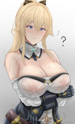 Rule 34 | 1girl, alternate breast size, archstreal, bare shoulders, blonde hair, blue eyes, blush, breasts, cleavage, detached collar, genshin impact, highres, jean (genshin impact), lactation, lactation through clothes, large breasts, long hair, nipples, ribbon hair, see-through, solo, sweat