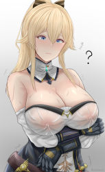 1girl alternate_breast_size archstreal arms_under_breasts bare_shoulders blonde_hair blue_eyes blush breasts cleavage detached_collar genshin_impact highres jean_(genshin_impact) lactation lactation_through_clothes large_breasts long_hair nipples ribbon_hair see-through_clothes solo sweat