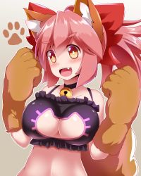 Rule 34 | 1girl, alternate costume, animal ear fluff, animal ears, animal hands, bell, black bra, blush, bra, breasts, cat cutout, cat lingerie, cat paws, choker, cleavage, cleavage cutout, clothing cutout, collar, collarbone, fangs, fate/grand order, fate (series), fox ears, fox girl, fox tail, frilled bra, frills, gloves, hair ribbon, jingle bell, large breasts, long hair, meme attire, navel, neck bell, open mouth, paw gloves, pink hair, ponytail, red ribbon, ribbon, sivamaron, solo, tail, tamamo (fate), tamamo cat (fate), underwear, underwear only, yellow eyes