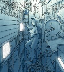 Rule 34 | 1girl, artist request, blue theme, blush, breasts, buttons, cabin, feet, full body, gravity, large breasts, long hair, megaphone, monochrome, nipples, nude, scenery, source request, tagme, television, tube