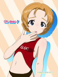 Rule 34 | 1girl, blue eyes, blush, braid, breasts, dated, french braid, girls und panzer, highres, licking finger, looking at viewer, naotosi, navel, orange hair, orange pekoe (girls und panzer), signature, small breasts, solo, swimsuit, tongue, tongue out