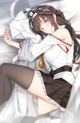 Rule 34 | 1girl, ahoge, bad id, bad pixiv id, bare shoulders, bed sheet, black skirt, black thighhighs, blush, breasts, brown hair, detached sleeves, double bun, hair bun, hakama, hakama short skirt, hakama skirt, highres, japanese clothes, kantai collection, kongou (kancolle), large breasts, long hair, nontraditional miko, pallad, pleated skirt, pout, purple eyes, ribbon-trimmed sleeves, ribbon trim, skirt, solo, thighhighs, wide sleeves
