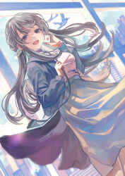 1girl bag bandaid bandaid_on_face bandaid_on_forehead breasts cellphone cityscape coat dutch_angle floating_clothes floating_hair grey_coat grey_hair hair_ornament hairclip hand_up handbag highres holding holding_phone holding_strap idolmaster idolmaster_shiny_colors long_hair looking_at_viewer medium_breasts open_mouth otsudou phone purple_eyes skirt smartphone solo sweater white_skirt white_sweater yukoku_kiriko