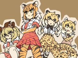 Rule 34 | 4girls, animal ears, animal print, arm at side, bare arms, big hair, black hair, blonde hair, bow, bowtie, breast pocket, brown bow, brown bowtie, brown eyes, brown hair, center frills, chibi, closed mouth, collared shirt, colored inner hair, extra ears, feet out of frame, fighting stance, frills, from below, fur scarf, garter straps, gloves, hair between eyes, hands up, high-waist skirt, jaguar (kemono friends), jaguar ears, jaguar girl, jaguar print, jaguar tail, kemono friends, legs apart, leopard (kemono friends), leopard ears, leopard print, leopard tail, lion (kemono friends), lion ears, medium hair, miniskirt, multicolored hair, multiple girls, necktie, open mouth, orange hair, parted bangs, parted lips, plaid, plaid necktie, plaid skirt, plaid sleeves, pocket, print gloves, print necktie, print thighhighs, scarf, serious, shirt, short sleeves, skirt, squatting, srd (srdsrd01), standing, streaked hair, sweater vest, tail, thighhighs, tiger (kemono friends), tiger ears, tiger girl, tiger print, tiger tail, two-tone hair, v-shaped eyebrows, white shirt, yellow eyes, zettai ryouiki
