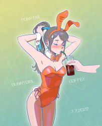 Rule 34 | 1girl, 1other, animal ears, bow, bowtie, brown pantyhose, closed eyes, commentary request, detached collar, disembodied limb, drink, drinking, drinking straw, fukusuke hachi-gou, gradient background, grey hair, highres, iced coffee, leotard, long hair, orange leotard, original, pantyhose, playboy bunny, ponytail, rabbit ears, rabbit tail, shochuumimai, standing, strapless, strapless leotard, tail, tumbler, wrist cuffs