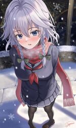 Rule 34 | 1girl, artist name, blue eyes, blue jacket, blue skirt, blush, bow, braid, breasts, green bow, grey hair, hair bow, hair ornament, izayoi sakuya, jacket, looking at viewer, medium breasts, neck ribbon, open mouth, red scarf, ribbon, scarf, school uniform, skirt, snowflakes, snowing, solo, touhou, twin braids, winter clothes, yagamin258