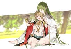Rule 34 | 1girl, 1other, ;d, absurdres, adapted costume, androgynous, blonde hair, bracelet, breasts, enkidu (fate), fate (series), genderswap, genderswap (mtf), gilgamesh-ko, gilgamesh (fate), green hair, highres, holding hands, jewelry, long hair, navel, necklace, official alternate costume, one eye closed, open mouth, red eyes, sitting, smile, very long hair