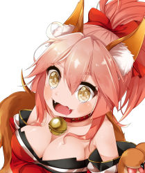 Rule 34 | 1girl, animal ears, animal hands, bell, breasts, cleavage, collar, dani (kamenoaru), fangs, fate/grand order, fate (series), fox ears, fox tail, hair ribbon, hand on own stomach, highres, large breasts, long hair, looking at viewer, looking up, neck bell, open mouth, pink hair, ribbon, saliva, simple background, solo, tail, tamamo (fate), tamamo cat (fate), tamamo cat (first ascension) (fate), tamamo no mae (fate/extra), tears, wavy mouth, white background, yellow eyes