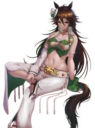 Rule 34 | 1girl, ahoge, animal ears, arm belt, bandeau, bell-bottoms, belt, blouse, breasts, brown hair, choker, collarbone, commentary request, cropped jacket, crossed legs, green bandeau, green shirt, groin, hair between eyes, hair ornament, hanka yuishi, hat, high heels, highres, horse ears, horse girl, horse tail, invisible chair, jacket, long hair, looking at viewer, medium breasts, midriff, mini hat, mr. c.b. (umamusume), navel, open clothes, open shirt, pants, parted lips, shirt, sidelocks, simple background, single bare shoulder, single sleeve, sitting, smile, solo, tail, umamusume, white background, white belt, white hat, white jacket, white pants, wrist cuffs, yellow choker