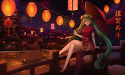 Rule 34 | 1girl, :d, absurdres, alternate costume, amagi jiang, animal, bad id, bad pixiv id, bare legs, boar, breasts, building, china dress, chinese clothes, chinese zodiac, crossed legs, dress, flower, full body, green eyes, green hair, hair flower, hair ornament, happy new year, hatsune miku, highres, holding, holding umbrella, lantern, long hair, looking at viewer, new year, night, night sky, no legwear, no socks, oil-paper umbrella, on railing, open mouth, outdoors, paper lantern, pink flower, railing, red dress, red footwear, reflection, short sleeves, side slit, sitting, sky, small breasts, smile, solo, tassel, town, twintails, umbrella, very long hair, vocaloid, year of the pig, yellow flower