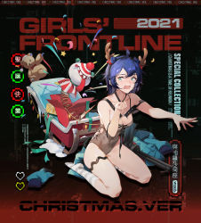 Rule 34 | 1girl, 2021, animal ears, anti-aircraft, anti-aircraft gun, antlers, aqua eyes, arm up, artist request, bare shoulders, black choker, black hairband, blue hair, blue jacket, blush, box, breasts, brown one-piece swimsuit, character name, cherry hair ornament, choker, christmas, christmas ornaments, cleavage, collarbone, copyright name, covered navel, deer antlers, double-barreled submachine gun, english text, fake animal ears, food-themed hair ornament, full body, gift, gift box, girls&#039; frontline, gun, hair between eyes, hair ornament, hairband, hairclip, hat, highres, horns, jacket, kneeling, legs, looking at viewer, machine gun, medium breasts, merry christmas, multiple-barrel firearm, no shoes, official alternate costume, official art, one-piece swimsuit, open mouth, promotional art, santa hat, short hair, side-by-side-barreled submachine gun, simple background, socks, solo, submachine gun, swimsuit, tears, teeth, thighs, torn clothes, torn jacket, toy, unworn jacket, upper teeth only, villar perosa m1915, vp1915 (girls&#039; frontline), vp1915 (sitting next to perosa) (girls&#039; frontline), weapon, white socks