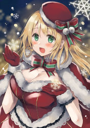 Rule 34 | 1girl, alternate costume, atago (kancolle), beret, blonde hair, breasts, cape, cleavage, dress, fur-trimmed cape, fur-trimmed dress, fur-trimmed gloves, fur trim, gloves, green eyes, hat, hatomaru (hatomaru56), highres, kantai collection, large breasts, long hair, looking at viewer, red cape, red dress, red gloves, red hat, smile, snowflakes, solo, upper body