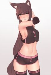 Rule 34 | 1girl, animal ear fluff, animal ears, arm up, armpits, black hair, black thighhighs, bluefield, breasts, contrapposto, covered erect nipples, cowboy shot, dolphin shorts, elbow pads, gradient background, green eyes, highres, long hair, looking at viewer, medium breasts, micro shorts, midriff, navel, no bra, original, parted lips, shorts, sideboob, simple background, smile, solo, standing, sweat, thighhighs, very long hair