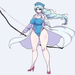 Rule 34 | 1girl, blue eyes, blue hat, blue one-piece swimsuit, bow (weapon), braid, braided ponytail, breasts, cleavage, commentary request, covered navel, enajii, full body, grey background, grey hair, hat, high heels, holding, holding bow (weapon), holding weapon, lab coat, large breasts, long hair, nurse cap, one-piece swimsuit, red footwear, simple background, solo, standing, swimsuit, thighs, touhou, very long hair, weapon, yagokoro eirin