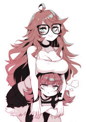 2girls ahoge behind_another black-framed_eyewear black_choker black_shorts body_freckles breast_rest breasts breasts_on_head camisole cerise_asteri choker cleavage collarbone cowboy_shot cutoffs freckles glasses green_eyes grin highres kaz_asteri large_breasts long_hair looking_at_viewer multiple_girls negative_frames orange_hair parororo pout puff_of_air shorts siblings simple_background sisters smile white_background white_camisole