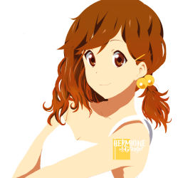 Rule 34 | 1girl, brown eyes, brown hair, casual, character name, female focus, hair bobbles, hair ornament, hairclip, horiguchi yukiko, k-on!, long hair, looking at viewer, parody, shade, shadow, shirt, side ponytail, simple background, smile, solo, strap gap, strap slip, style parody, tank top, tattoo, upper body, wavy hair, white background, white shirt