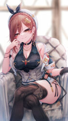 Rule 34 | 1girl, absurdres, alternate color, armchair, atelier (series), atelier ryza, atelier ryza 3, beret, black choker, black shirt, blurry, blurry background, braid, breasts, brown eyes, brown gloves, brown hair, brown thighhighs, brown vest, chair, choker, cleavage, closed mouth, collarbone, collared shirt, commentary request, crossed legs, crown braid, dangle earrings, detached sleeves, earrings, elbow rest, gloves, hair ornament, hairclip, hat, highres, indoors, jacket, jewelry, large breasts, looking at viewer, multiple bracelets, necklace, on chair, reisalin stout, shirt, short hair, short shorts, shorts, single glove, sitting, sleeveless, sleeveless jacket, sleeveless shirt, smile, solo, star (symbol), star choker, star earrings, thighhighs, vest, wakaba (945599620), white hat, white jacket, white shorts, x hair ornament