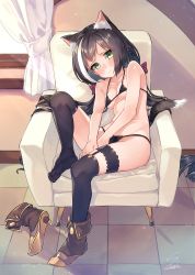 Rule 34 | 1girl, absurdres, animal ear fluff, animal ears, bare shoulders, bikini, black bikini, black hair, black thighhighs, blush, boots, bow, breasts, bridal garter, cat ears, cat tail, chair, closed mouth, collarbone, commentary request, curtains, day, feet, garter straps, green eyes, hair bow, high heel boots, high heels, highres, indoors, karyl (princess connect!), long hair, looking at viewer, low twintails, micro bikini, multicolored hair, princess connect!, red bow, sho bu 1116, shoes, signature, single shoe, sitting, small breasts, soles, solo, streaked hair, swimsuit, tail, thighhighs, tile floor, tiles, toes, twintails, unworn boot, unworn boots, very long hair, white hair, window