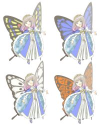 Rule 34 | 1boy, blue cape, blue eyes, blue footwear, blue wings, bow, butterfly wings, cape, diamond hairband, fate/grand order, fate (series), footwear bow, fur-trimmed cape, fur trim, grey hair, highres, insect wings, long sleeves, male focus, multicolored wings, nekotasu, oberon (fate), open mouth, orange wings, outstretched arms, white wings, wings