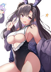 Rule 34 | 2girls, :d, absurdres, azur lane, bare shoulders, black hair, black leotard, blush, blush stickers, breasts, chibi, cleavage, covered navel, fang, frilled leotard, frills, groin, hair ornament, hairclip, hand up, highres, jacket, leotard, long hair, long sleeves, medium breasts, moyoron, multicolored hair, multiple girls, off shoulder, one eye closed, one side up, open clothes, open jacket, open mouth, pamiat merkuria (azur lane), peeking out, purple eyes, purple hair, purple jacket, simple background, smile, solo focus, star (symbol), tashkent (azur lane), two-tone hair, underboob, v, very long hair, white background