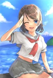 Rule 34 | 1girl, ;), aqua eyes, artist name, artist request, bare legs, blue eyes, blue sky, blush, breasts, brown hair, cloud, collarbone, collared shirt, day, female focus, grey hair, grey sailor collar, grey skirt, hair between eyes, highres, light brown hair, looking at viewer, love live!, love live! sunshine!!, miniskirt, mountain, neckerchief, necktie, ocean, one eye closed, outdoors, plaid, plaid skirt, pleated, pleated skirt, red neckwear, sailor collar, salute, school uniform, shirt, short hair, short sleeves, sitting, skirt, sky, small breasts, smile, solo, tie clip, upper body, uranohoshi school uniform, watanabe you, white shirt