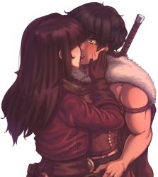 Rule 34 | belt, bloopiest, blush, brown gloves, brown hair, cape, carina (bloopiest), commentary, english commentary, fur trim, gloves, green eyes, highres, kiss, long hair, mole, muscular, muscular female, original, parted lips, pathfinder, short hair, simple background, sword, victoria (bloopiest), weapon, weapon on back, white background, wife and wife, yuri