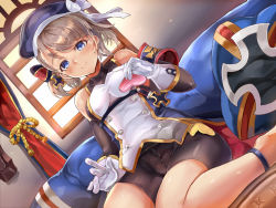 Rule 34 | 1girl, anklet, armband, azur lane, bare legs, bare shoulders, barefoot, beret, bike shorts, blue eyes, blue hat, breasts, brown hair, buttons, closed mouth, couch, cross, curtains, detached sleeves, double-breasted, dutch angle, elbow gloves, gloves, hat, hat ribbon, heart, himuro shunsuke, holding, indoors, iron cross, jewelry, on couch, pillow, ribbon, shiny skin, short hair, sitting, small breasts, smile, solo, swept bangs, tareme, wariza, white gloves, white ribbon, window, z23 (azur lane)
