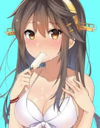Rule 34 | 10s, 1girl, bikini, black hair, blue background, blush, breasts, brown eyes, cleavage, collarbone, eating, food, food in mouth, hair between eyes, hairband, haruna (kancolle), headgear, kantai collection, large breasts, long hair, popsicle, simple background, solo, swimsuit, white bikini, yuzuttan