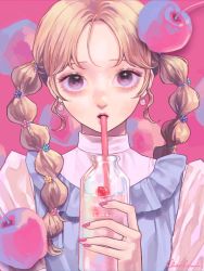 Rule 34 | 1girl, absurdres, apple, bottle, brown hair, cherry, drink, drinking straw, food, fruit, highres, holding, holding bottle, holding drink, humhumnko, long hair, looking at viewer, multi-tied hair, nail polish, original, parted bangs, pink background, pink eyes, pink nails, signature, solo, twintails, upper body