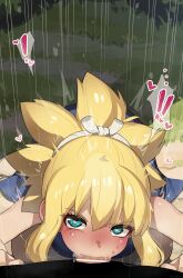 Rule 34 | 1boy, 1girl, :&gt;=, absurdres, aqua eyes, bar censor, bare arms, bare legs, bare shoulders, blonde hair, blush, breasts, censored, cheek bulge, deepthroat, dr. stone, dress, embarrassed, feet out of frame, fellatio, from above, heart, heart-shaped pupils, hetero, highres, kneeling, kohaku (dr. stone), large breasts, large penis, leaning forward, looking at viewer, looking up, mizumizuni, naughty face, oral, outdoors, penis, ponytail, pov, pov crotch, precum, saliva, short hair, short ponytail, sleeveless, sleeveless dress, solo focus, spiked hair, straight-on, symbol-shaped pupils, tears, trembling, veins, veiny penis