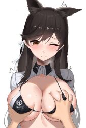 Rule 34 | 1girl, absurdres, animal ears, atago (azur lane), atago (stunning speedster) (azur lane), azur lane, bikini, black bikini, black hair, blush, breasts, closed mouth, commentary request, extra ears, grabbing, grabbing another&#039;s breast, hair ribbon, highres, large breasts, long hair, mole, mole under eye, official alternate costume, one eye closed, out of frame, race queen, ribbon, rk (cc15915r), shrug (clothing), simple background, smile, swept bangs, swimsuit, two-tone bikini, upper body, white background, white ribbon