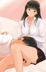 Rule 34 | 1boy, 1girl, amagami, ayatsuji tsukasa, black eyes, black hair, black skirt, breasts, closed mouth, collared shirt, face to thighs, faceless, faceless male, feet out of frame, hand on another&#039;s head, hand on another&#039;s shoulder, headpat, highres, lap pillow, long hair, lying, medium breasts, no bra, on side, open clothes, open shirt, shirt, short hair, sitting, skirt, straight hair, tachibana jun&#039;ichi, takemi kaoru, thigh grab, thighs, white shirt