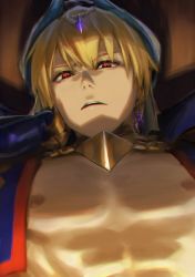 Rule 34 | 1boy, arabian clothes, blonde hair, collar, cropped vest, earrings, fate/grand order, fate (series), from below, gilgamesh, gilgamesh (caster) (fate), gilgamesh (fate), head rest, highres, jewelry, male focus, mosako, nipples, red eyes, smug, solo, turban, vest