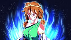 Rule 34 | 1girl, bare shoulders, black background, brown hair, circlet, closed mouth, collarbone, commentary request, dr. addamelech, dragon ball, dress, energy, highres, looking at viewer, low twintails, parody, red eyes, single-shoulder dress, single strap, solo, son biten, son goku, touhou, twintails, unfinished dream of all living ghost, upper body