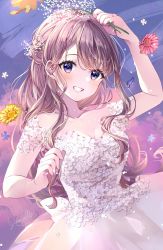Rule 34 | 1girl, arm up, blue flower, blush, breasts, brown hair, commentary request, dress, flower, grin, highres, holding, holding flower, long hair, looking at viewer, medium breasts, off-shoulder dress, off shoulder, original, puracotte, purple eyes, red flower, signature, smile, solo, white dress, white flower, yellow flower