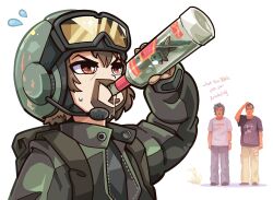 Rule 34 | 3boys, alcohol, animification, bottle, brown eyes, brown hair, caboosemcgrief, drinking, drooling, facial hair, fish, girls und panzer, goggles, goggles on headwear, green headwear, green jacket, helmet, highres, jacket, james may, jeremy clarkson, katyusha (girls und panzer), katyusha chug (meme), meme, microphone, mouth drool, multiple boys, profanity, real life, richard hammond, sweatdrop, the grand tour, vodka, white background