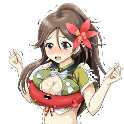 Rule 34 | 1girl, :o, amagi (kancolle), blush, breasts squeezed together, breasts, brown eyes, brown hair, cleavage, clenched hand, enemy lifebuoy (kancolle), flower, hair flower, hair ornament, highres, kantai collection, large breasts, long hair, long skirt, open mouth, ponytail, red flower, skirt, tears, tk8d32, upper body, v arms, white background