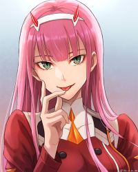 Rule 34 | 10s, 1girl, bad id, bad twitter id, darling in the franxx, green eyes, hairband, head tilt, horns, jacket, licking, licking finger, long hair, looking at viewer, military, military uniform, pink hair, red jacket, rochika (ya y a ya), smile, solo, tongue, tongue out, uniform, upper body, zero two (darling in the franxx)