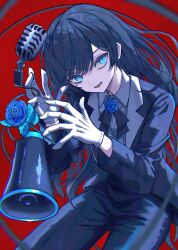 Rule 34 | 1girl, ado (utaite), aqua eyes, black hair, black suit, blue eyes, blue flower, blue rose, cable, chando (ado), cloud nine inc, collared shirt, cowboy shot, dress shirt, flower, formal, gloves, highres, jacket, long hair, long sleeves, looking to the side, megaphone, microphone, mole, mole under eye, open mouth, pant suit, pants, red background, rose, shirt, solo, suit, suit jacket, takayou, utaite, vintage microphone, white gloves