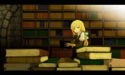 Rule 34 | 1girl, bad id, bad pixiv id, blonde hair, book, book stack, bookshelf, letterboxed, library, long hair, name (pixiv), name (sh), original, ponytail, ribbon, solo, stone wall, wall